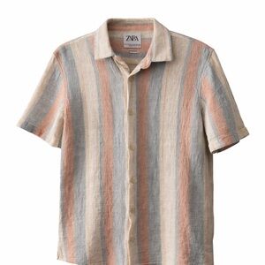 Zara Men's Casual Striped Shirt - Beige, Gray, Orange
